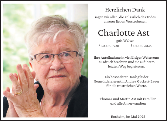 Todesanzeige von Charlotte Ast von saarbruecker_zeitung