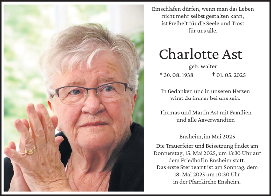 Todesanzeige von Charlotte Ast von saarbruecker_zeitung