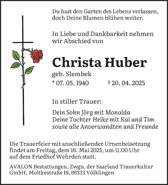 Todesanzeige von Christa Huber von saarbruecker_zeitung