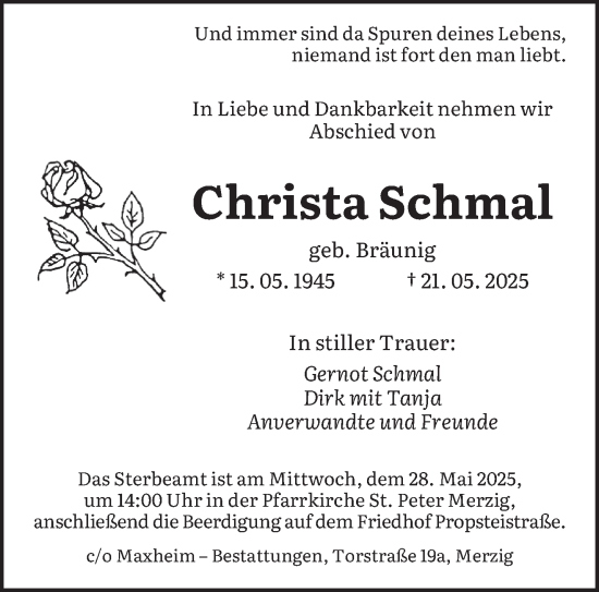 Todesanzeige von Christa Schmal von saarbruecker_zeitung