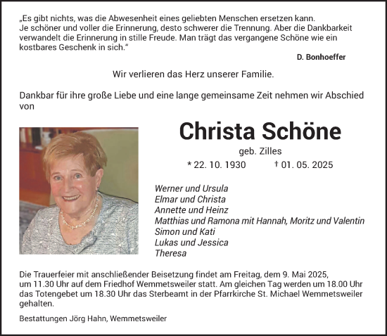 Todesanzeige von Christa Schöne von saarbruecker_zeitung