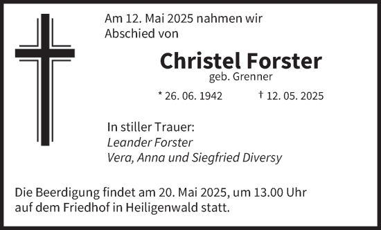 Todesanzeige von Christel Forster von saarbruecker_zeitung