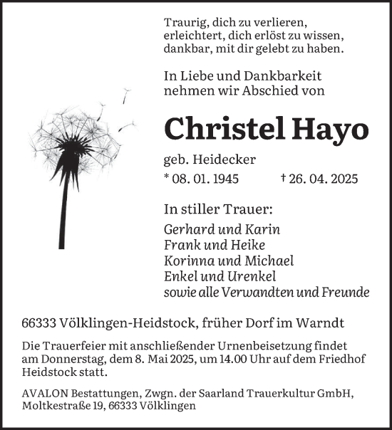 Todesanzeige von Christel Hayo von saarbruecker_zeitung