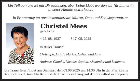Todesanzeige von Christel Mees von saarbruecker_zeitung