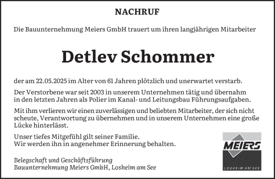 Todesanzeige von Detlev Schommer von saarbruecker_zeitung