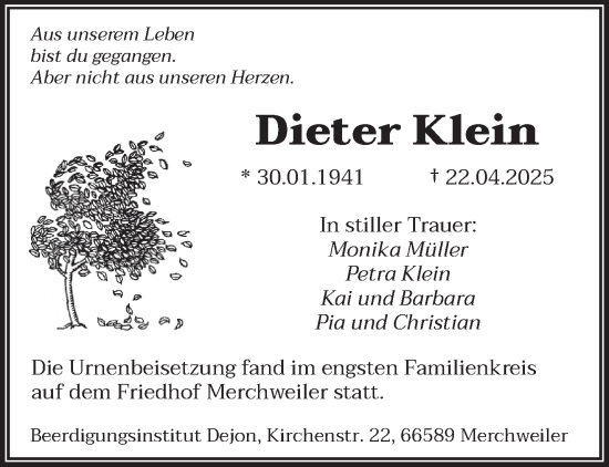 Todesanzeige von Dieter Klein von saarbruecker_zeitung