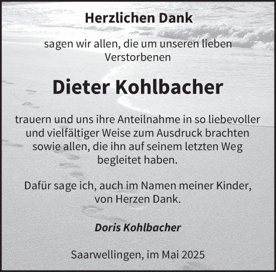 Todesanzeige von Dieter Kohlbacher von saarbruecker_zeitung