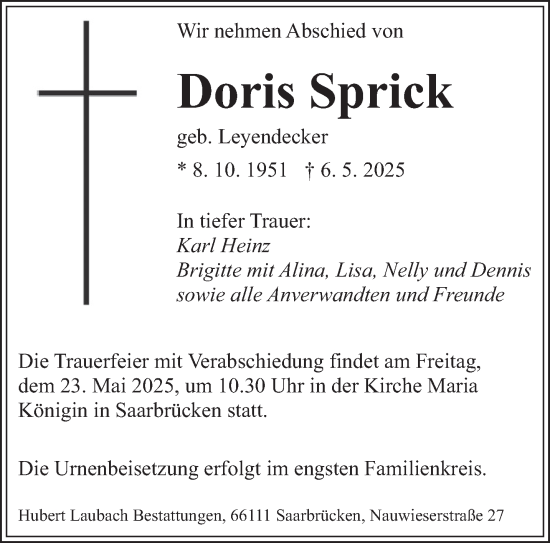 Todesanzeige von Doris Sprick von saarbruecker_zeitung