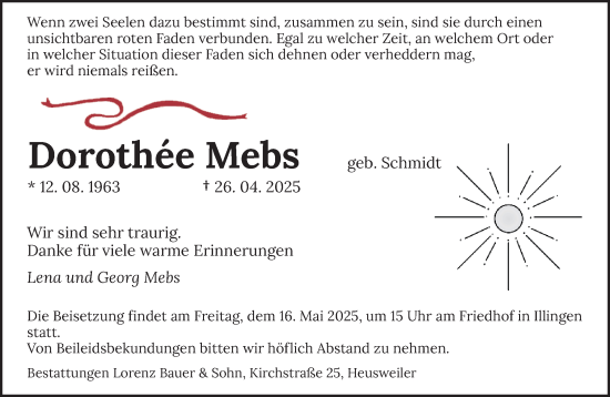 Todesanzeige von Dorothee Mebs von saarbruecker_zeitung