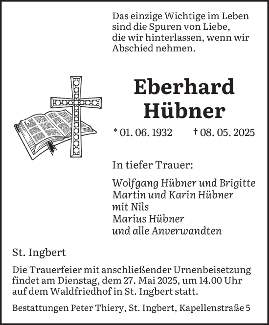 Todesanzeige von Eberhard Hübner von saarbruecker_zeitung