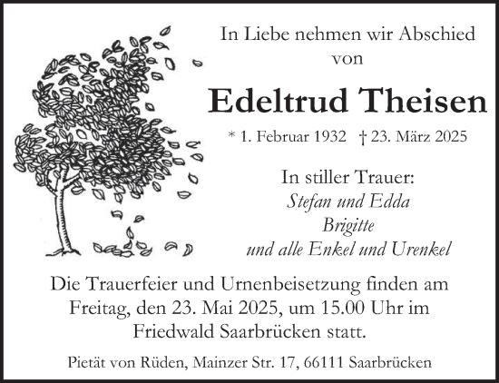 Todesanzeige von Edeltrud Theisen von saarbruecker_zeitung