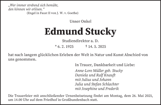 Todesanzeige von Edmund Stucky von saarbruecker_zeitung