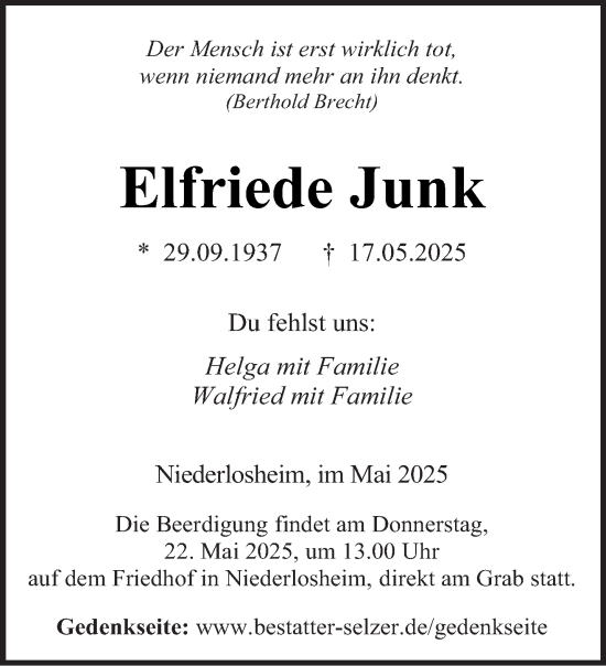 Todesanzeige von Elfriede Junk von saarbruecker_zeitung