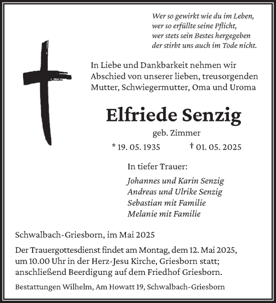 Todesanzeige von Elfriede Senzig von saarbruecker_zeitung