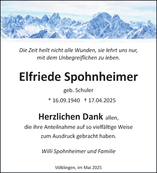 Todesanzeige von Elfriede Spohnheimer von saarbruecker_zeitung