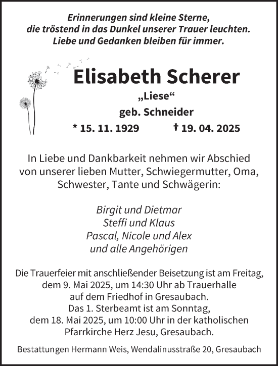 Todesanzeige von Elisabeth Scherer von saarbruecker_zeitung