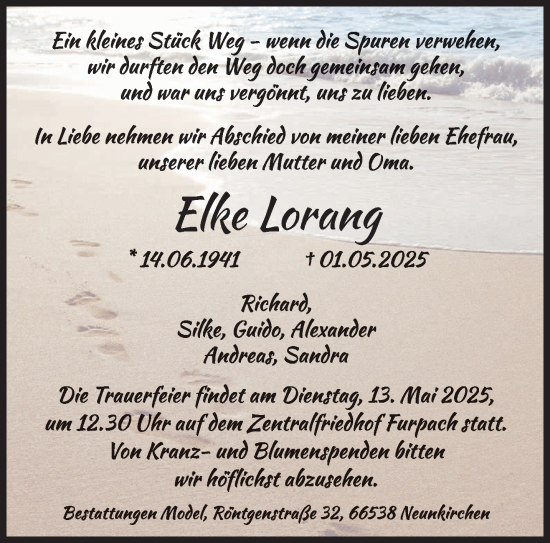 Todesanzeige von Elke Lorang von saarbruecker_zeitung
