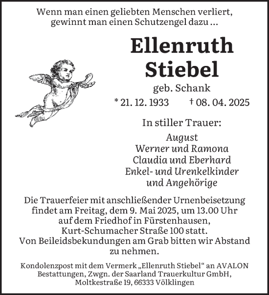 Todesanzeige von Ellenruth Stiebel von saarbruecker_zeitung