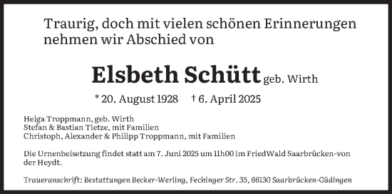 Todesanzeige von Elsbeth Schütt von saarbruecker_zeitung
