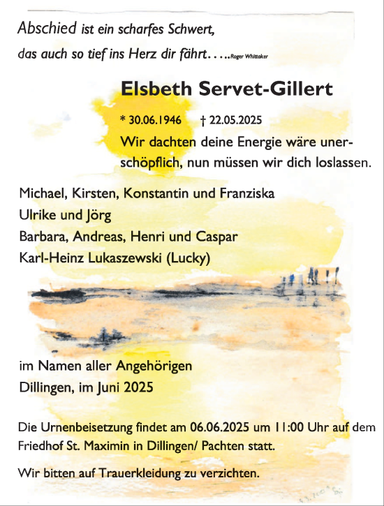 Todesanzeige von Elsbeth Servet-Gillert von saarbruecker_zeitung