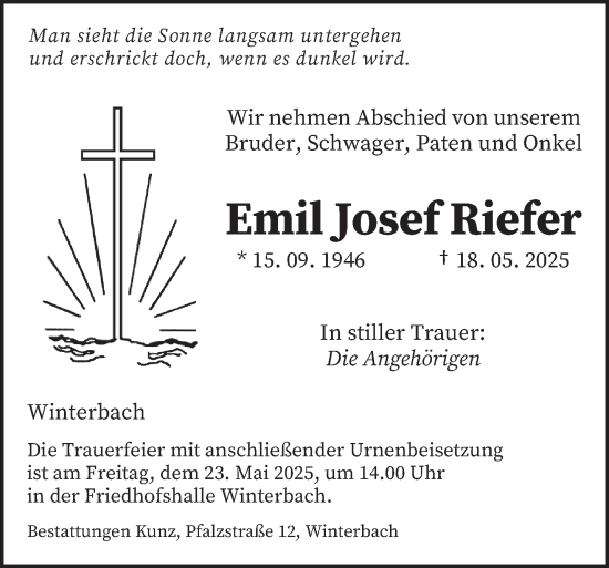 Todesanzeige von Emil Josef Riefer von saarbruecker_zeitung