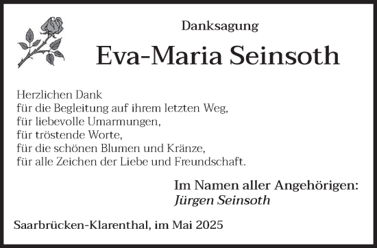 Todesanzeige von Eva-Maria Seinsoth von saarbruecker_zeitung