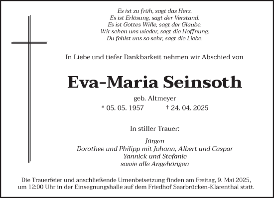 Todesanzeige von Eva-Maria Seinsoth von saarbruecker_zeitung