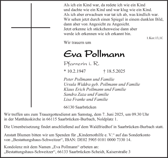 Todesanzeige von Eva Pollmann von saarbruecker_zeitung