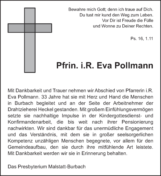 Todesanzeige von Eva Pollmann von saarbruecker_zeitung