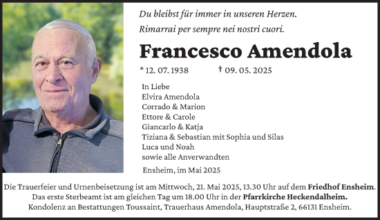 Todesanzeige von Francesco Amendola von saarbruecker_zeitung