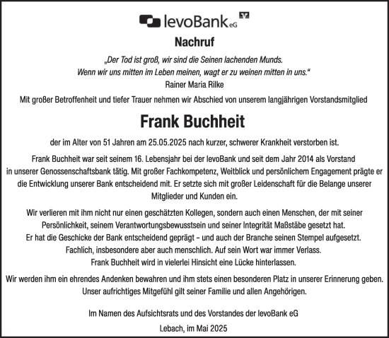 Todesanzeige von Frank Buchheit von saarbruecker_zeitung