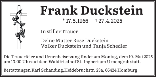 Todesanzeige von Frank Duckstein von saarbruecker_zeitung