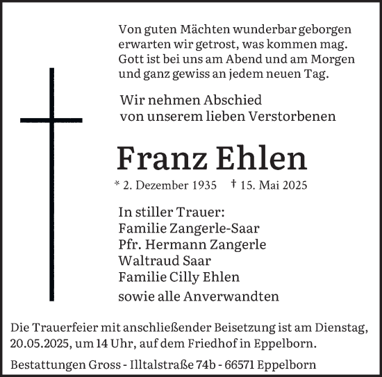 Todesanzeige von Franz Ehlen von saarbruecker_zeitung