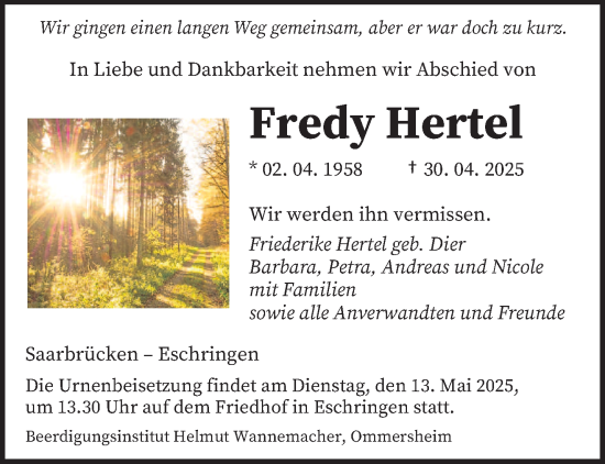 Todesanzeige von Fredy Hertel von saarbruecker_zeitung