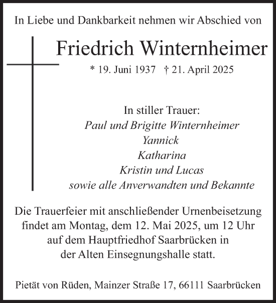 Todesanzeige von Friedrich Winternheimer von saarbruecker_zeitung