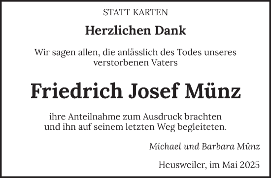 Todesanzeige von Friedrich Josef Münz von saarbruecker_zeitung