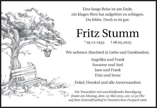 Todesanzeige von Fritz Stumm von saarbruecker_zeitung