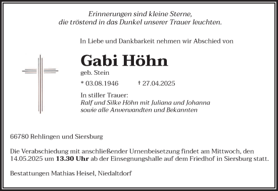 Todesanzeige von Gabi Höhn von saarbruecker_zeitung