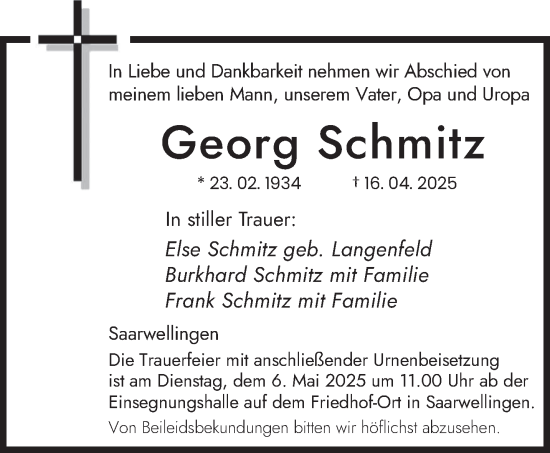 Todesanzeige von Georg Schmitz von saarbruecker_zeitung