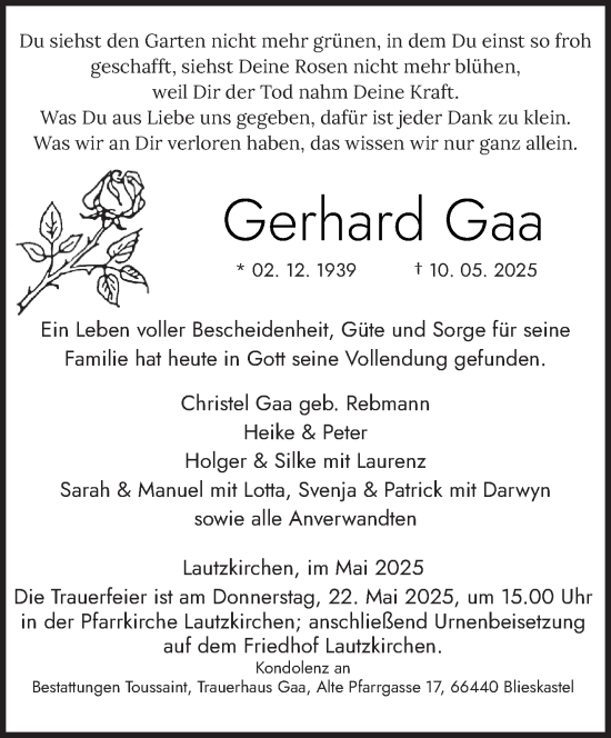 Todesanzeige von Gerhard Gaa von saarbruecker_zeitung