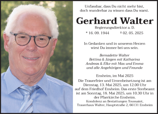 Todesanzeige von Gerhard Walter von saarbruecker_zeitung