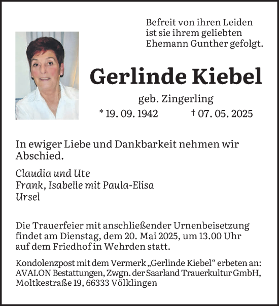 Todesanzeige von Gerlinde Kiebel von saarbruecker_zeitung