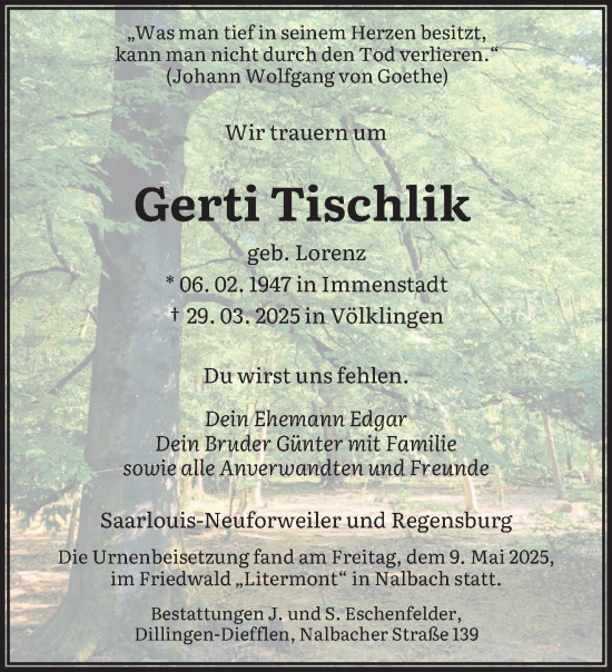 Todesanzeige von Gerti Tischlik von saarbruecker_zeitung
