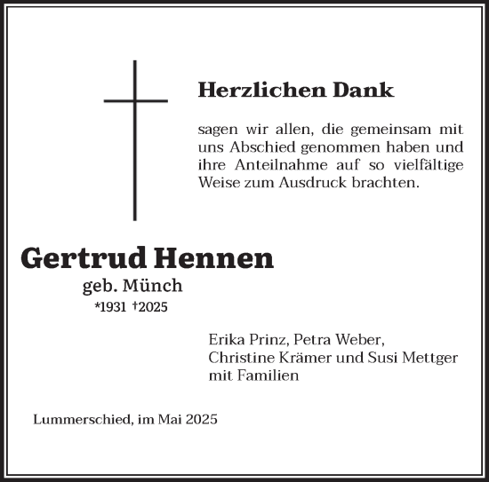 Todesanzeige von Gertrud Hennen von saarbruecker_zeitung
