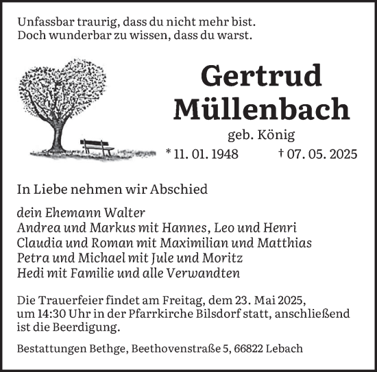 Todesanzeige von Gertrud Müllenbach von saarbruecker_zeitung