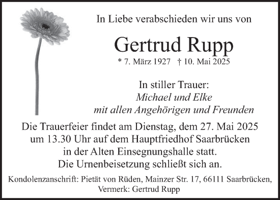 Todesanzeige von Gertrud Rupp von saarbruecker_zeitung