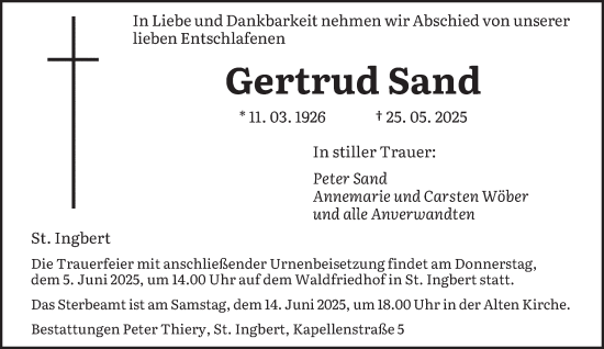 Todesanzeige von Gertrud Sand von saarbruecker_zeitung