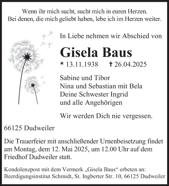 Todesanzeige von Gisela Baus von saarbruecker_zeitung