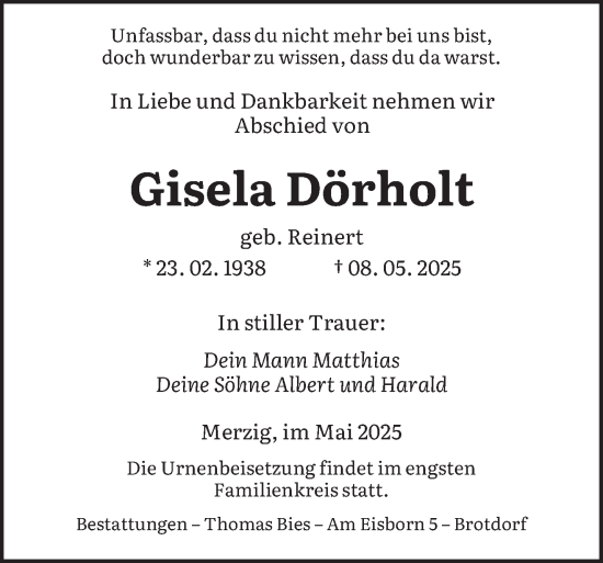 Todesanzeige von Gisela Dörholt von saarbruecker_zeitung