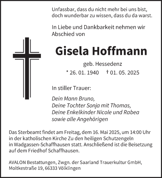 Todesanzeige von Gisela Hoffmann von saarbruecker_zeitung